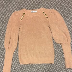 Zara Puff Sleeve Tan Sweater with Gold Button Accents Sz L